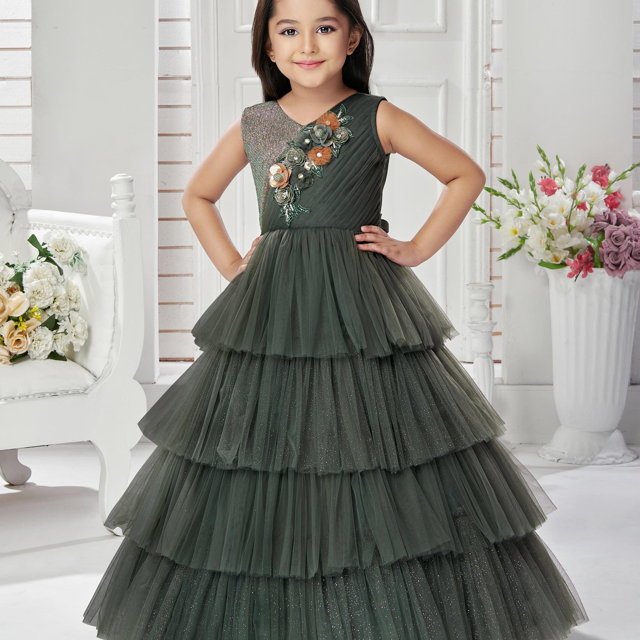 Green Colored Embellishment Work Frock