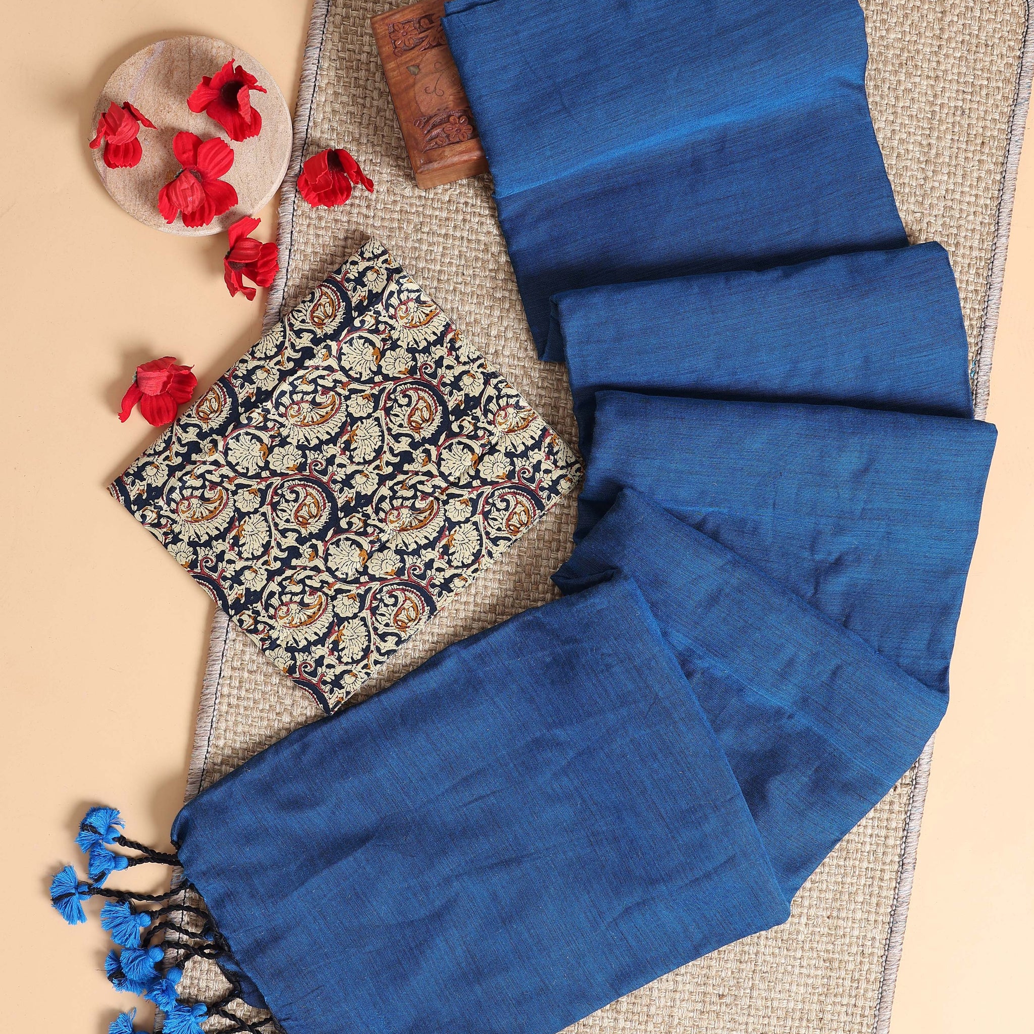 Handwoven Khadi Cotton Saree with Contrast Printed Blouse and Tassel Accents - Blue