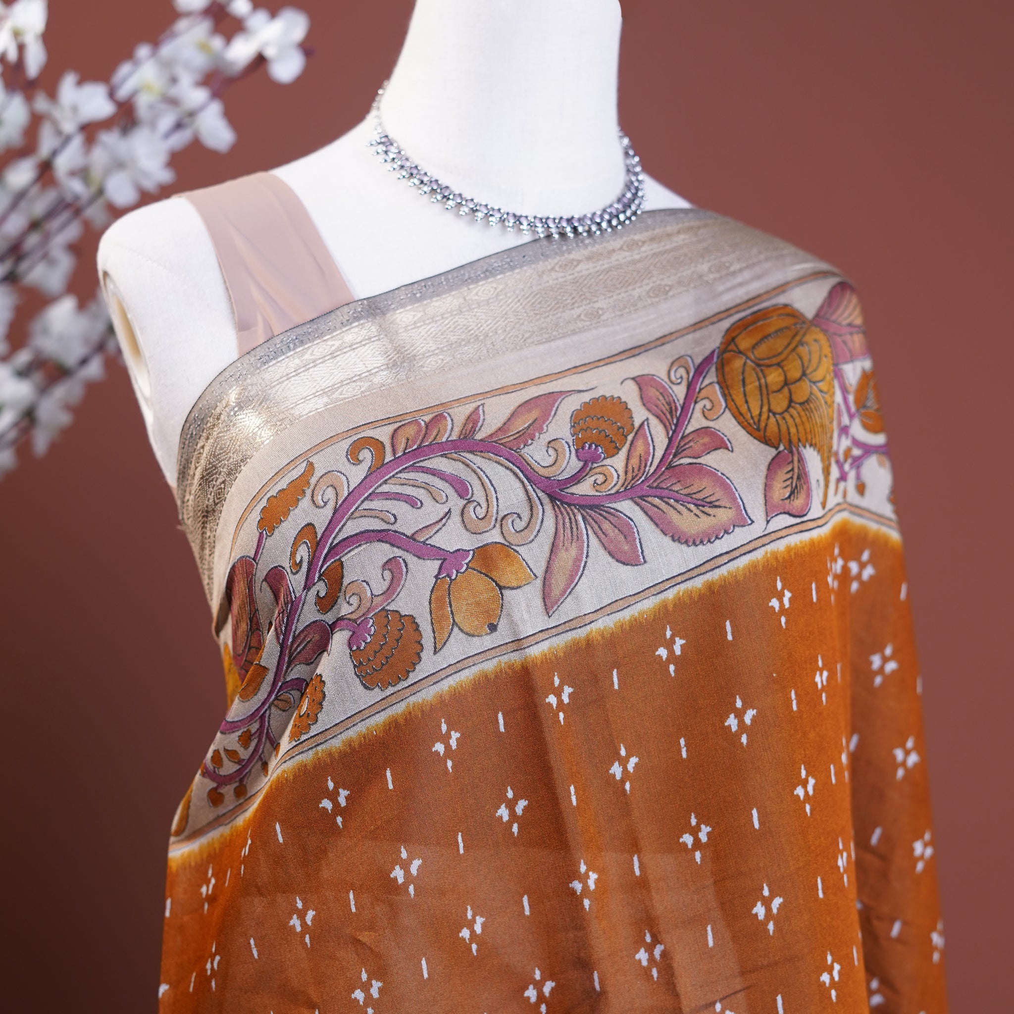 Semi Chanderi Kalamkari Saree with Floral Hand-Painted Border and Buti Weave - Brown