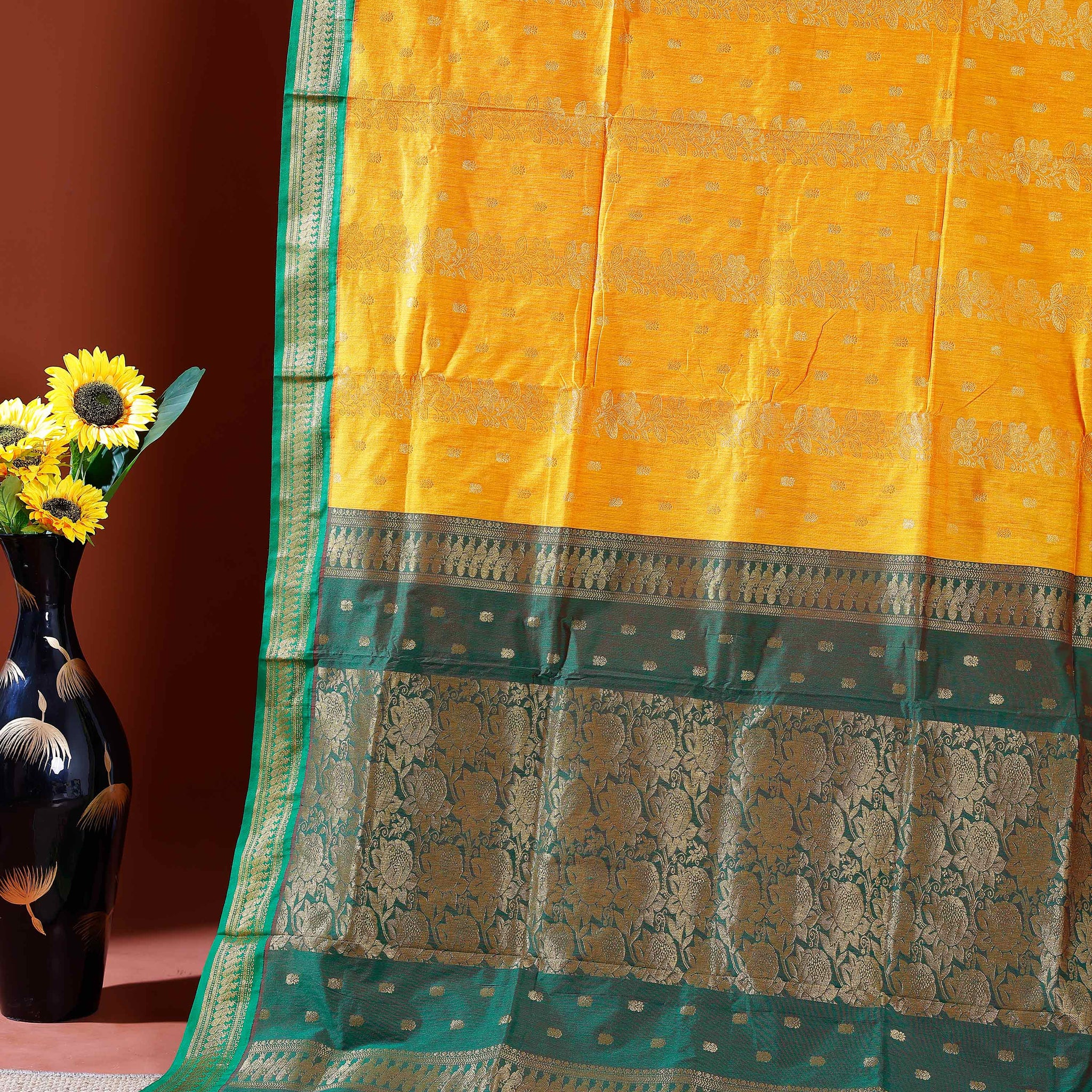 Handloom Kalyani Cotton Saree with Intricate Zari Border and All-Over Butta Design - Yellow