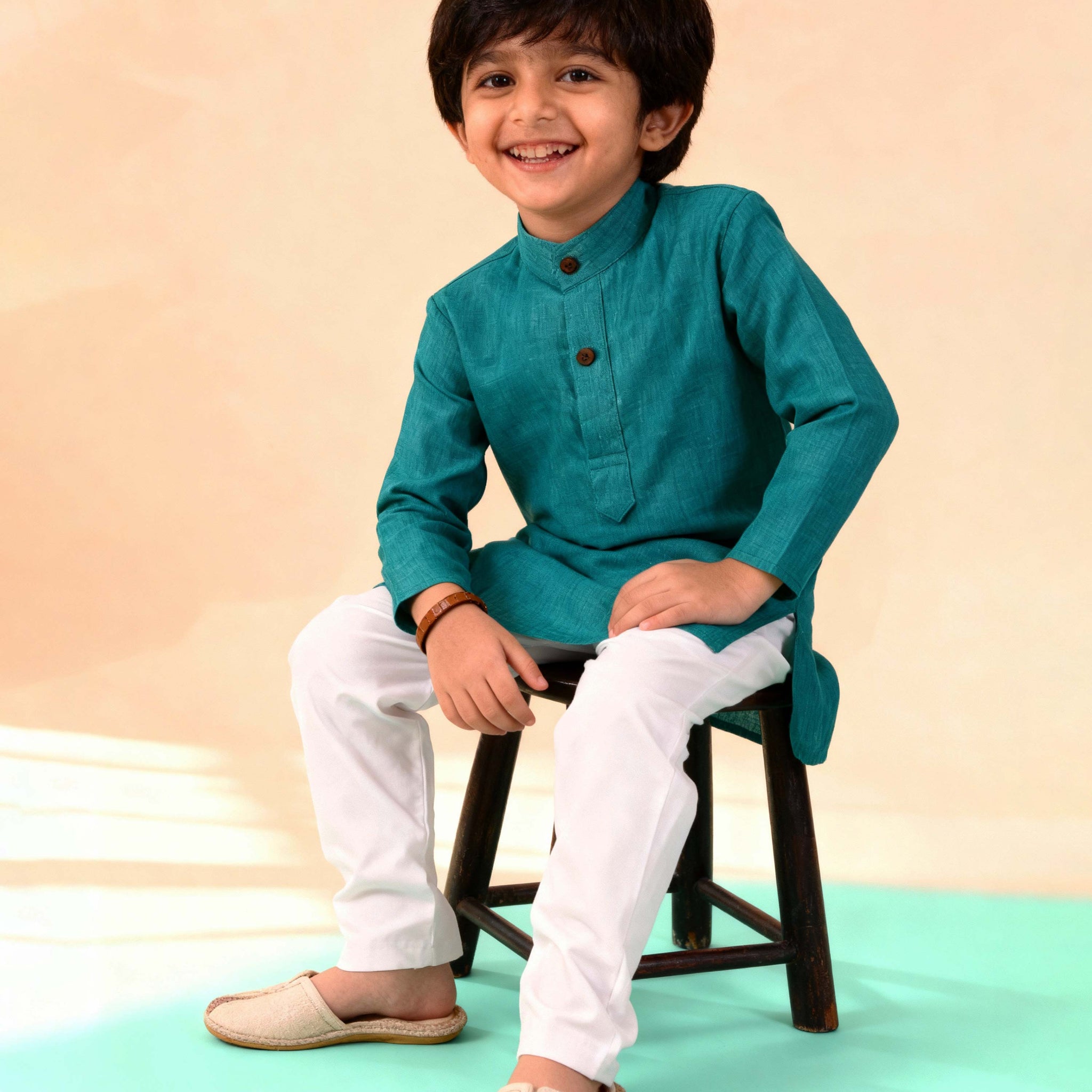 Boys Festive Kurta Set with Mandarin Collar -Teal