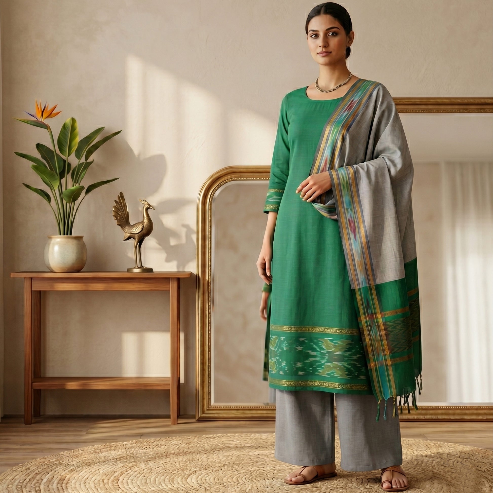 Green Salwar Material Set With Grey Pants Fabric And Colorful Ikat Dupatta Full Length Front View