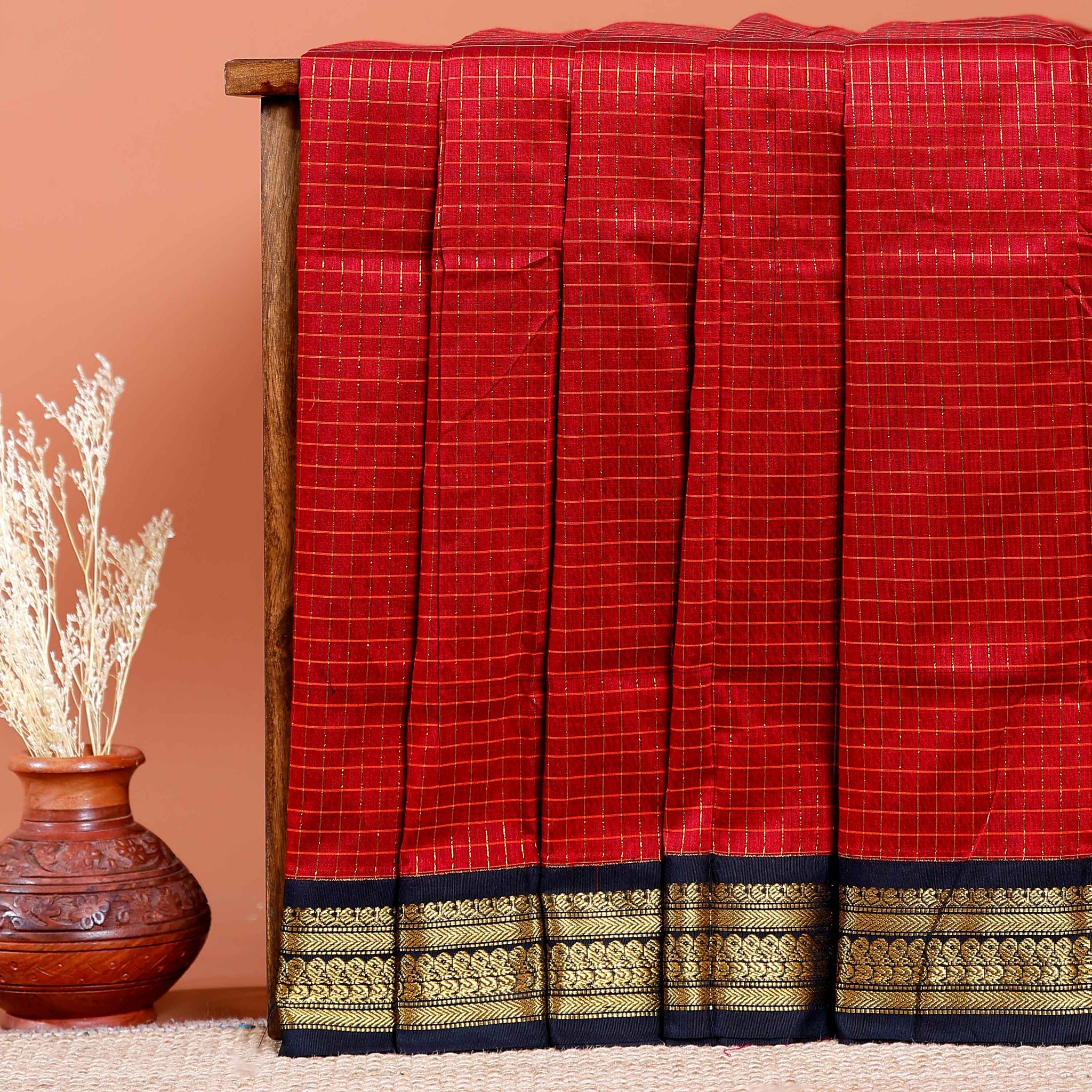 Traditional Kalyani Cotton Saree with All-Over Checks and Ornate Zari Pallu and Border - Red