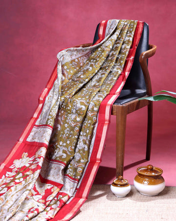 Elegant Semi Chanderi Saree with Kalamkari Inspired Motifs and A Plain Gold Woven Border - Olive