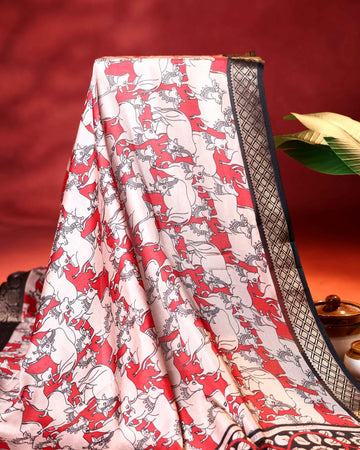 Elegant Semi Chanderi Saree with Traditional Animal Motif Print and Contrasting Zari Woven Border - Red
