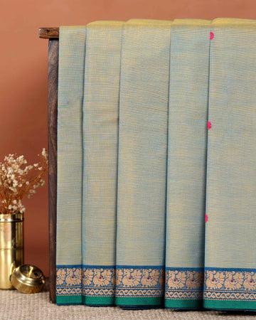 Classic Handloom Chettinad Cotton Saree with Plain Body Traditional Woven Contrast Border - Light Green