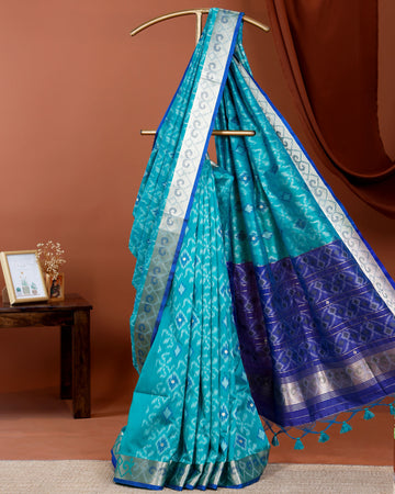 Elegant Ikat Woven Semi Silk Saree  with Traditional Zari Border & Pallu - Blue