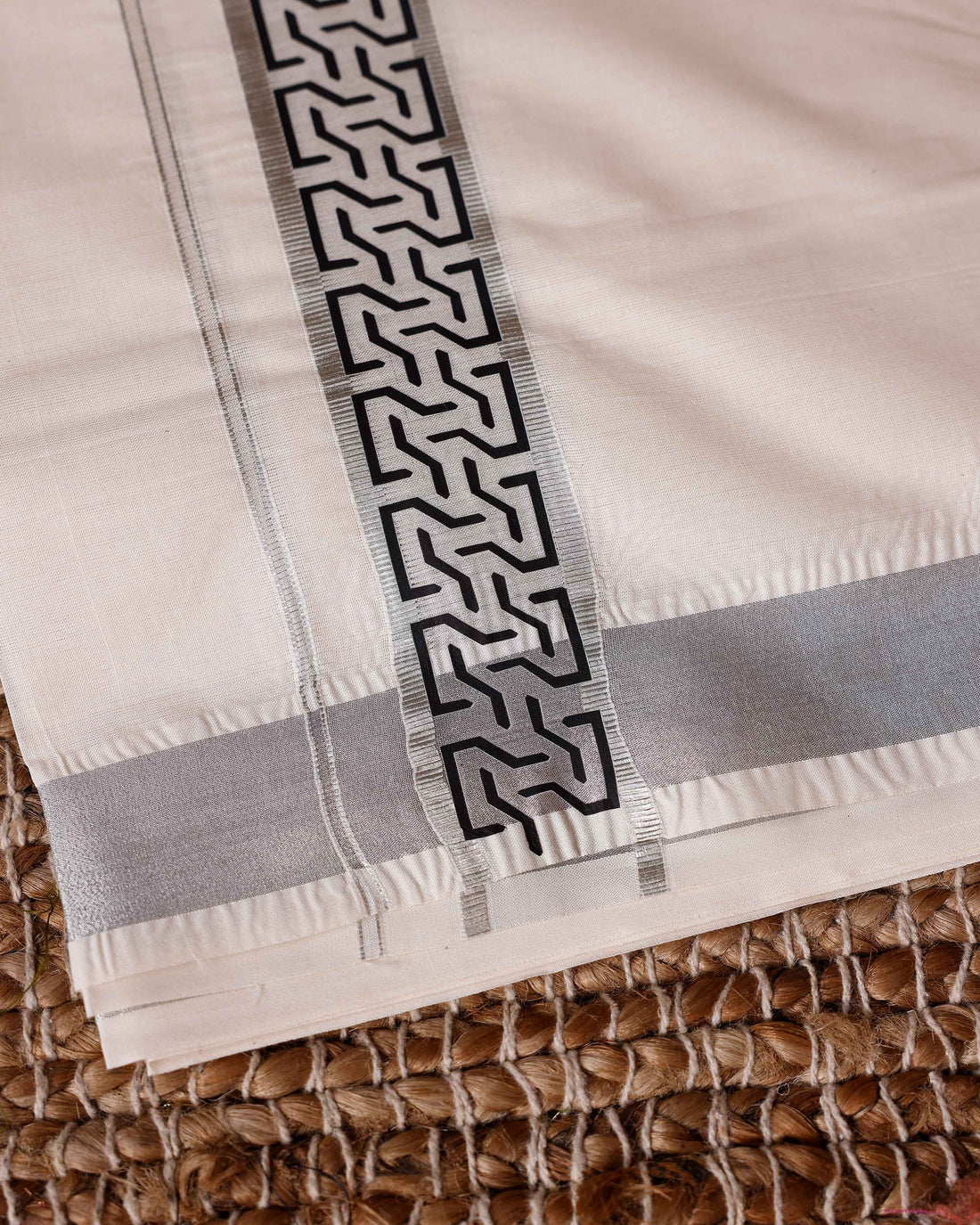 Traditional Handwoven Cotton Dhoti with Silver Color Border and Elegant Finish - Off White