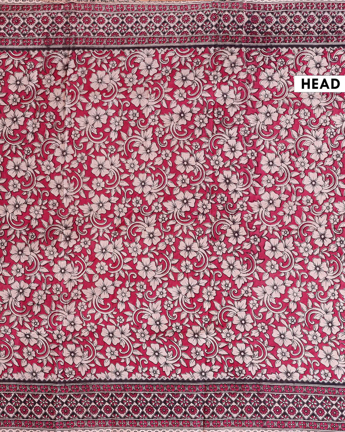 Traditional Kalamkari Cotton Saree with Full Floral Pattern and Decorative Border - Red