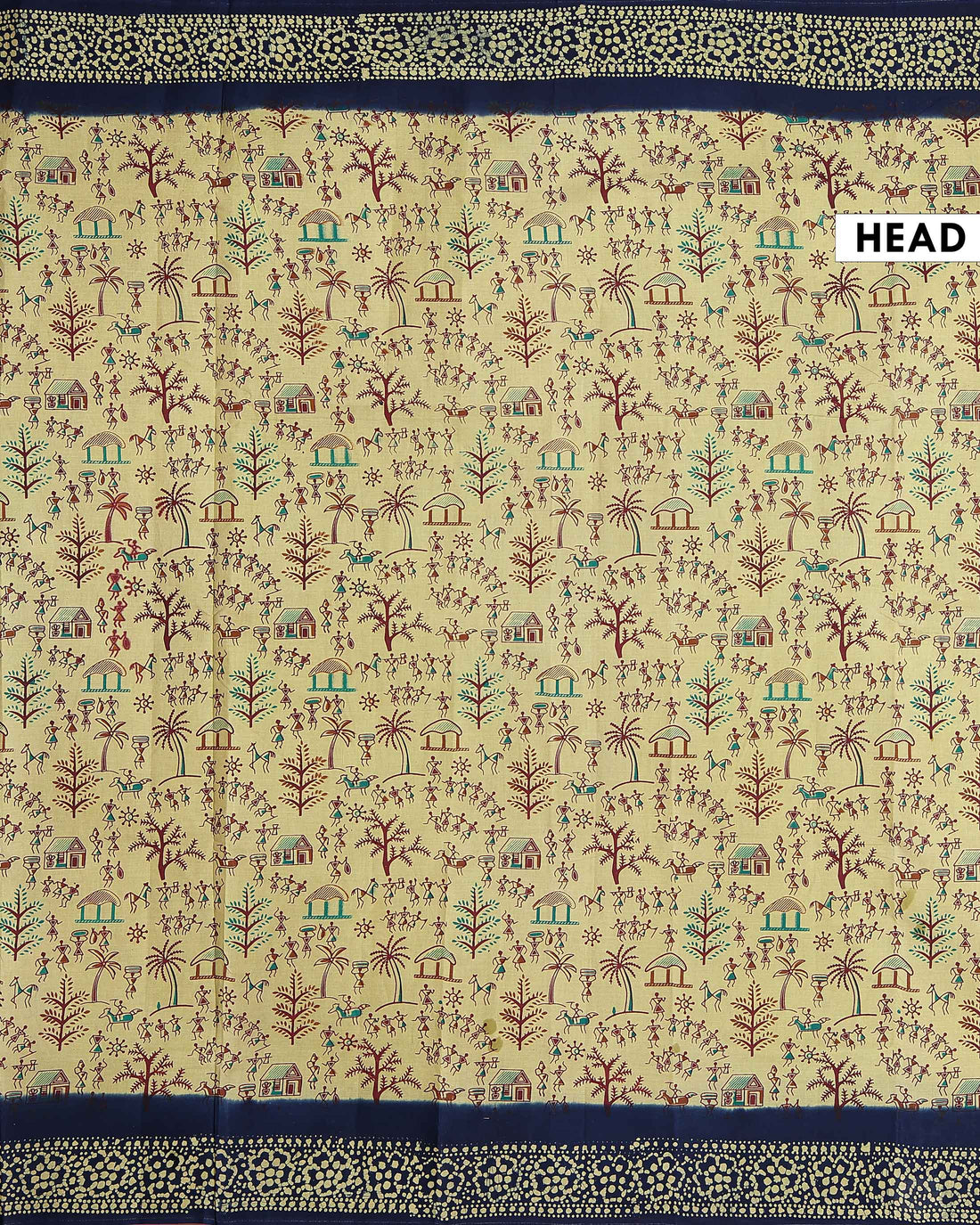 Traditional Sungudi Cotton Saree with Warli Tribal Print and Designer Contrast Patterned Border - Light Yellow