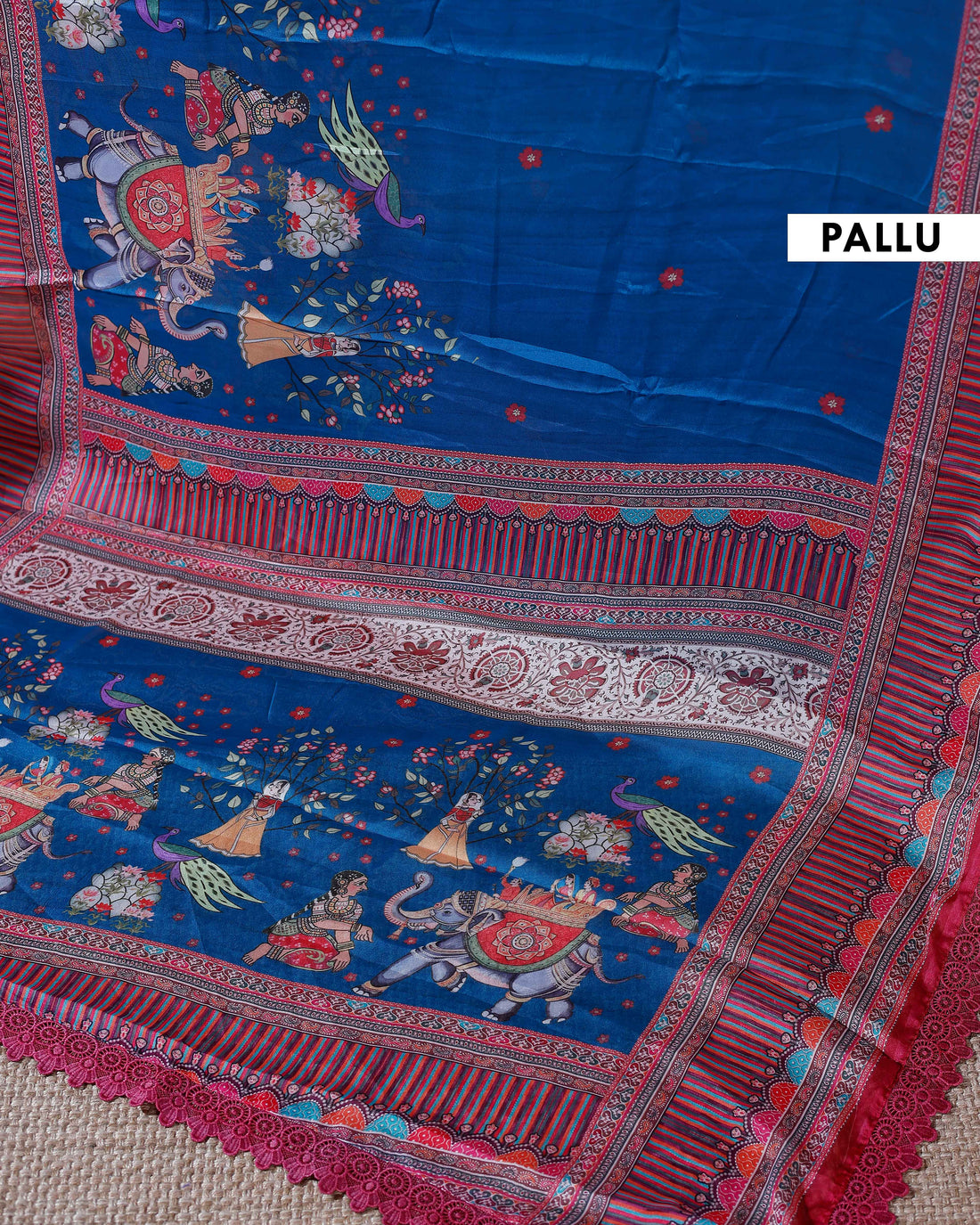 Designer Georgette Saree with Royal Procession Print and Intricately Woven Traditional Border - Blue