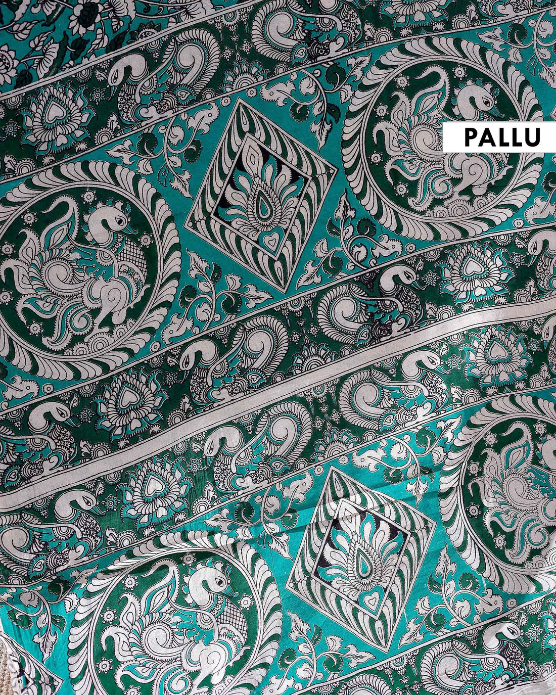 Traditional Handloom Kalamkari Cotton Saree with Intricate Floral and Avian Motifs - Teal