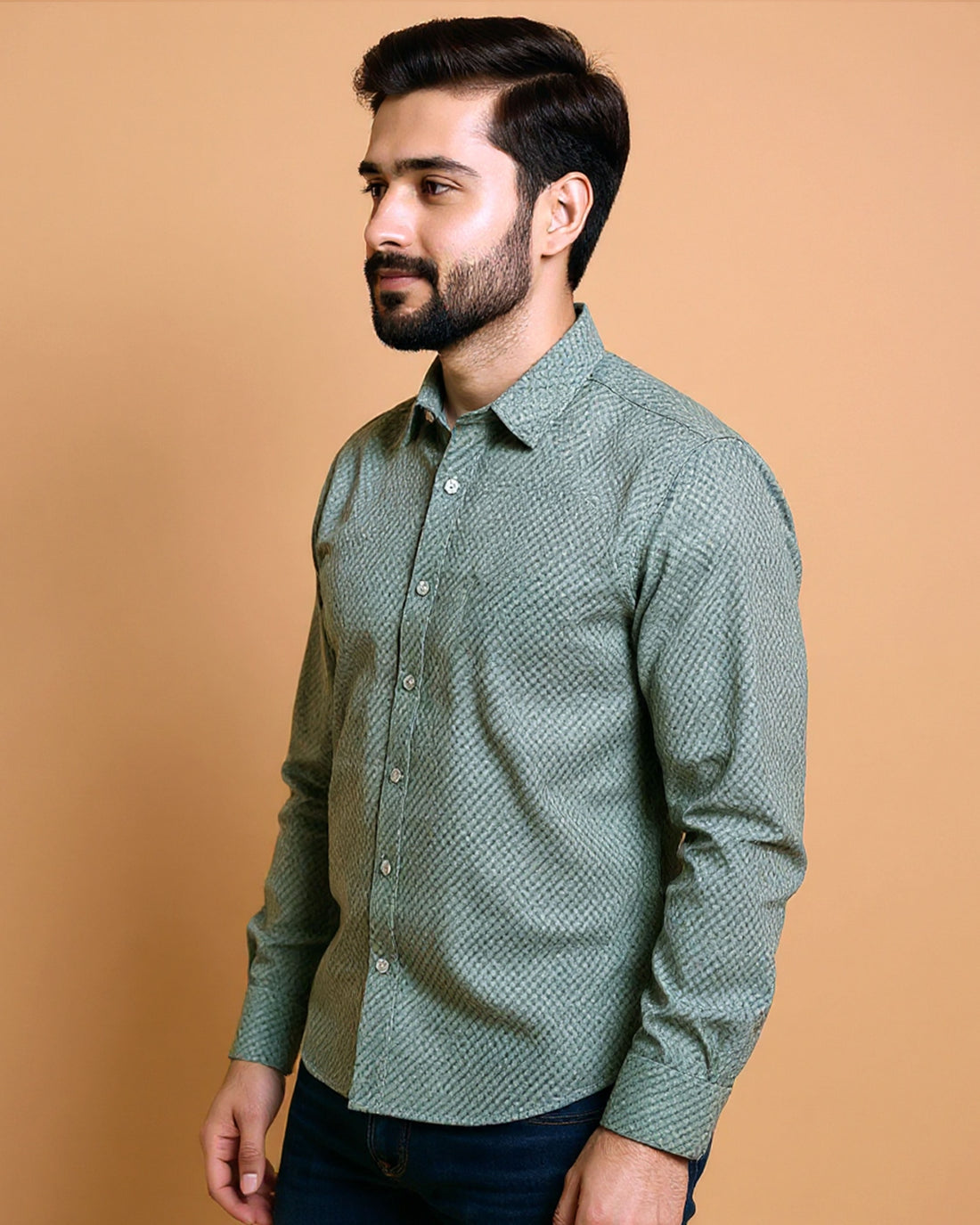 Men's Native Bull Brand Textured Casual Shirt with Spread Collar and Full Sleeves - Green
