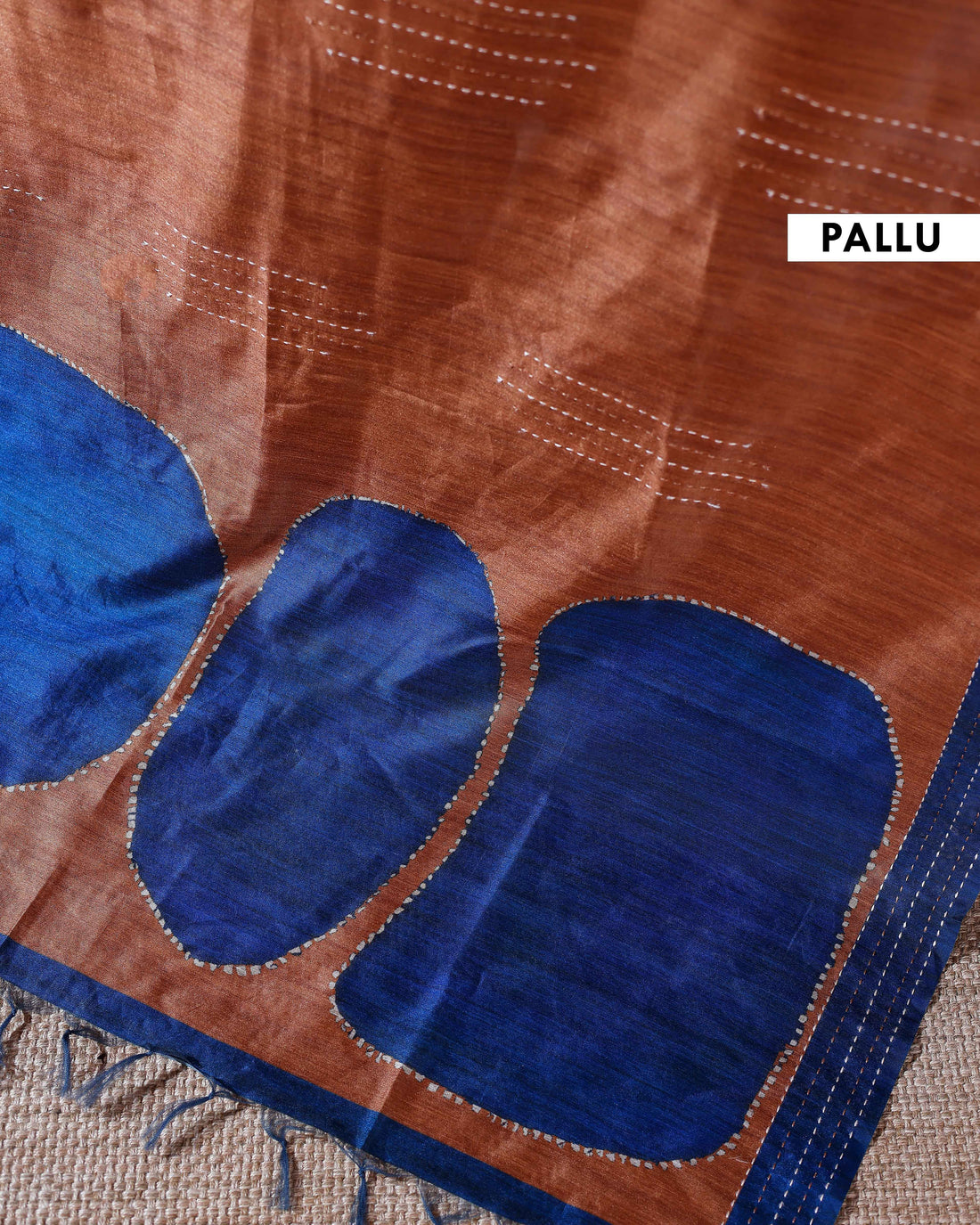 Handcrafted Kantha Cotton Saree with Contrast Patch Design and Intricate Stitch Embroidery - Sandal