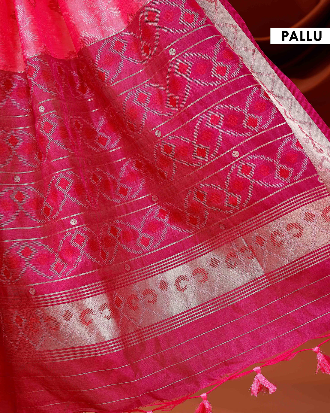 Elegant Ikat Woven Semi Silk Saree with Traditional Zari Border & Pallu - Pink