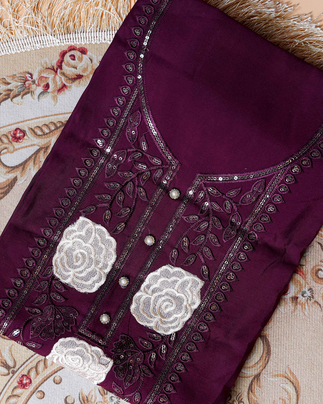 Women's Embroidered Floral Motif Salwar Suit Material with Dupatta - Purple
