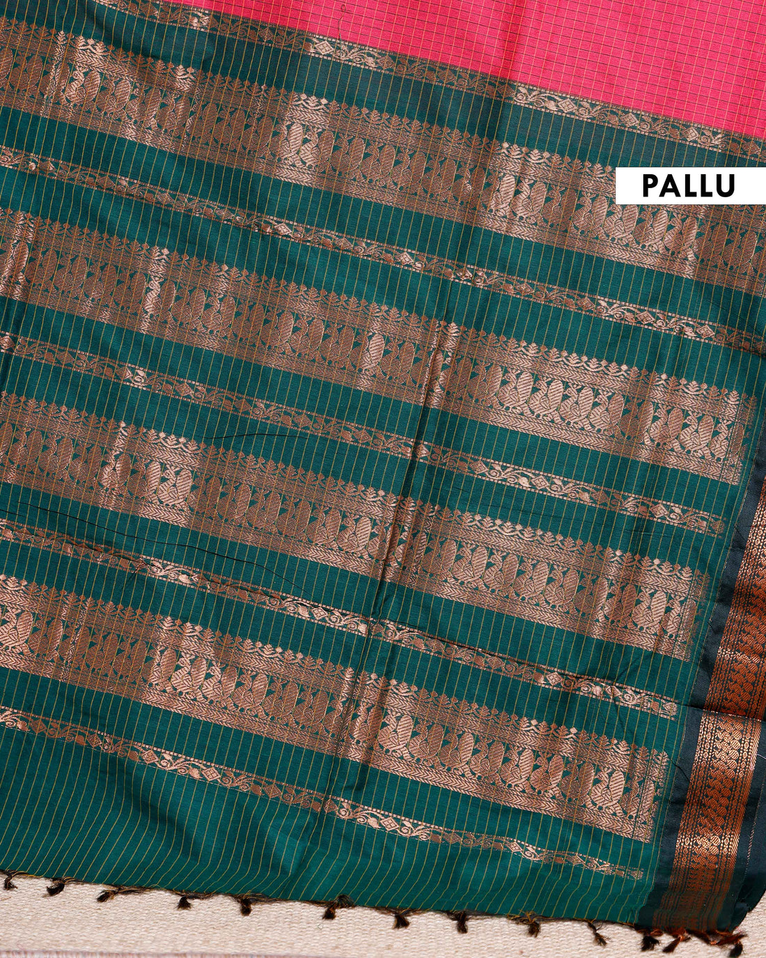 Traditional Kalyani Cotton Saree with All-Over Checks and Ornate Zari Pallu and Border - Pink