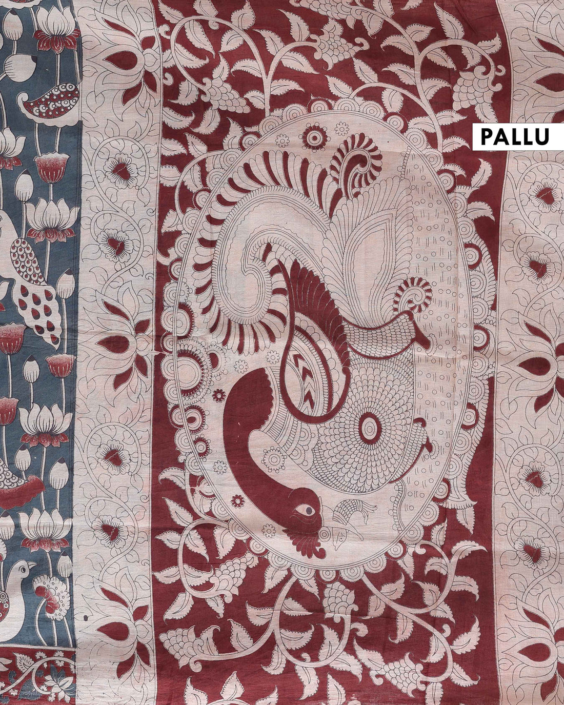 Traditional Kalamkari Cotton Saree with Traditional Bird and Lotus Motif - Grey