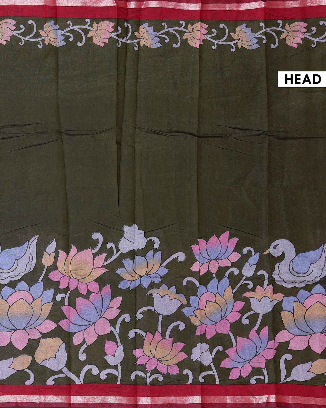 Elegant Semi Chanderi Saree with  Floral Motifs and A Plain Gold Woven Border - Olive