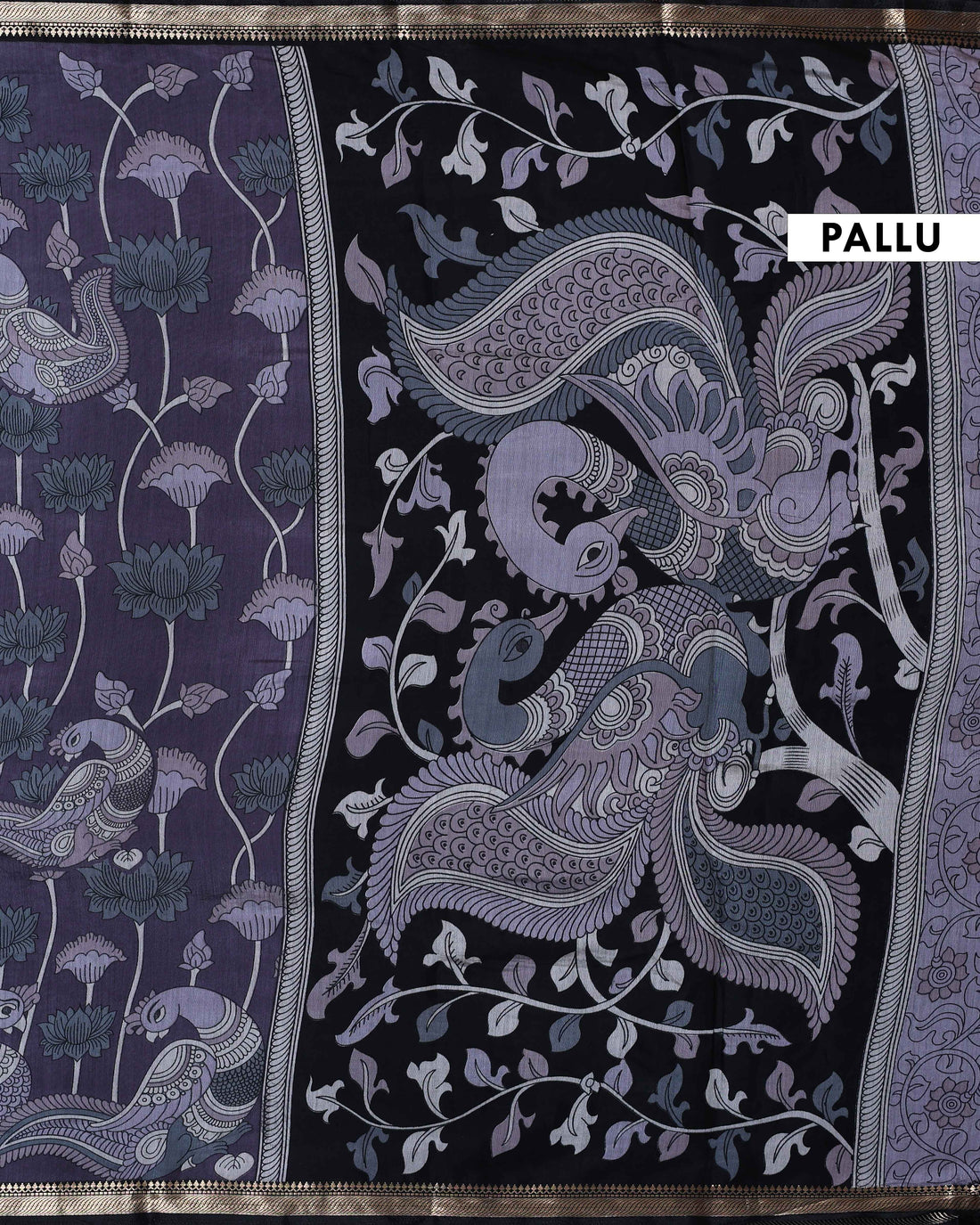 Elegant Semi Chanderi Saree with Traditional Kalamkari Handcrafted Motifs and Intricate Zari Border -  purple