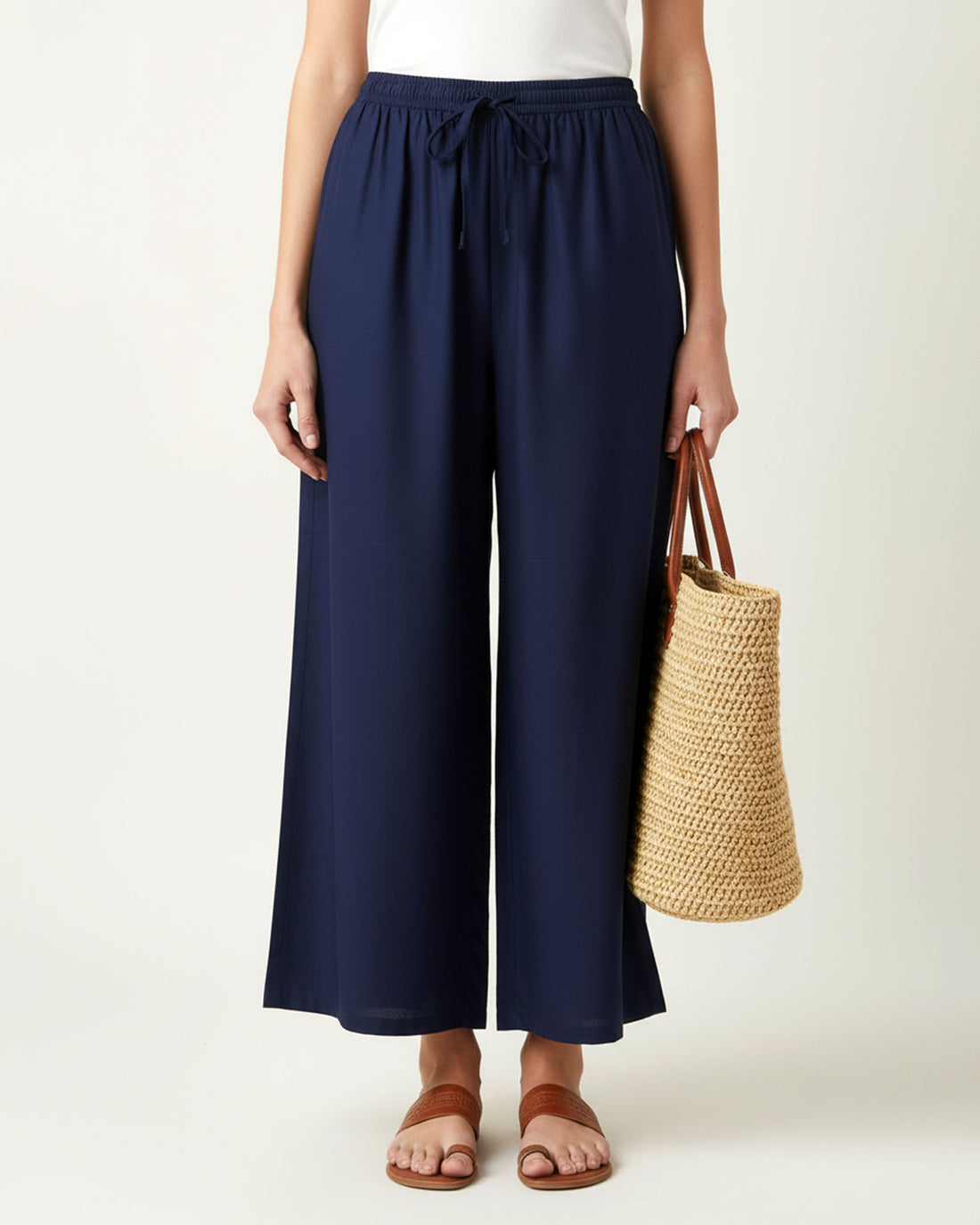 Elegant High-Waist Flared Palazzo Pant - Navy Blue
