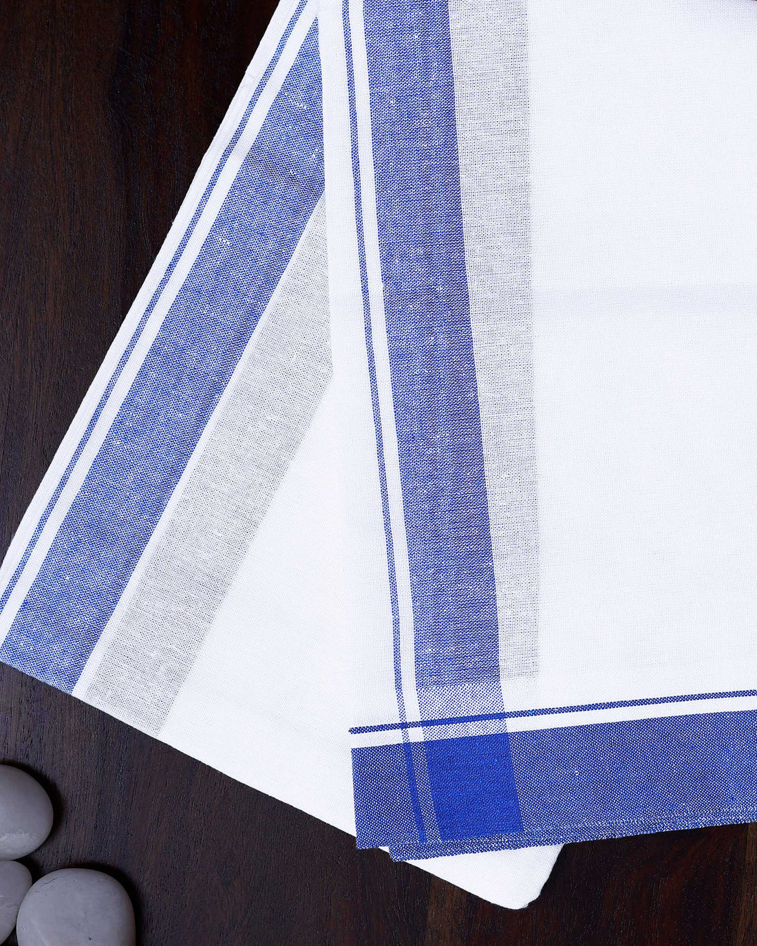 Men's Handloom Cotton Dhoti with Striped Pattern and Blue Border - White