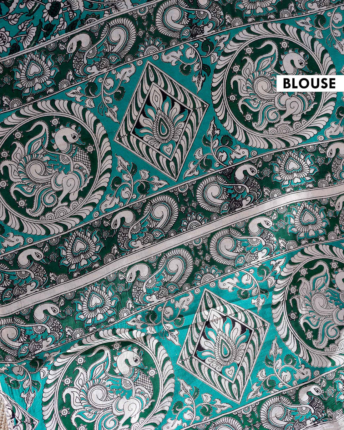 Traditional Handloom Kalamkari Cotton Saree with Intricate Floral and Avian Motifs - Teal