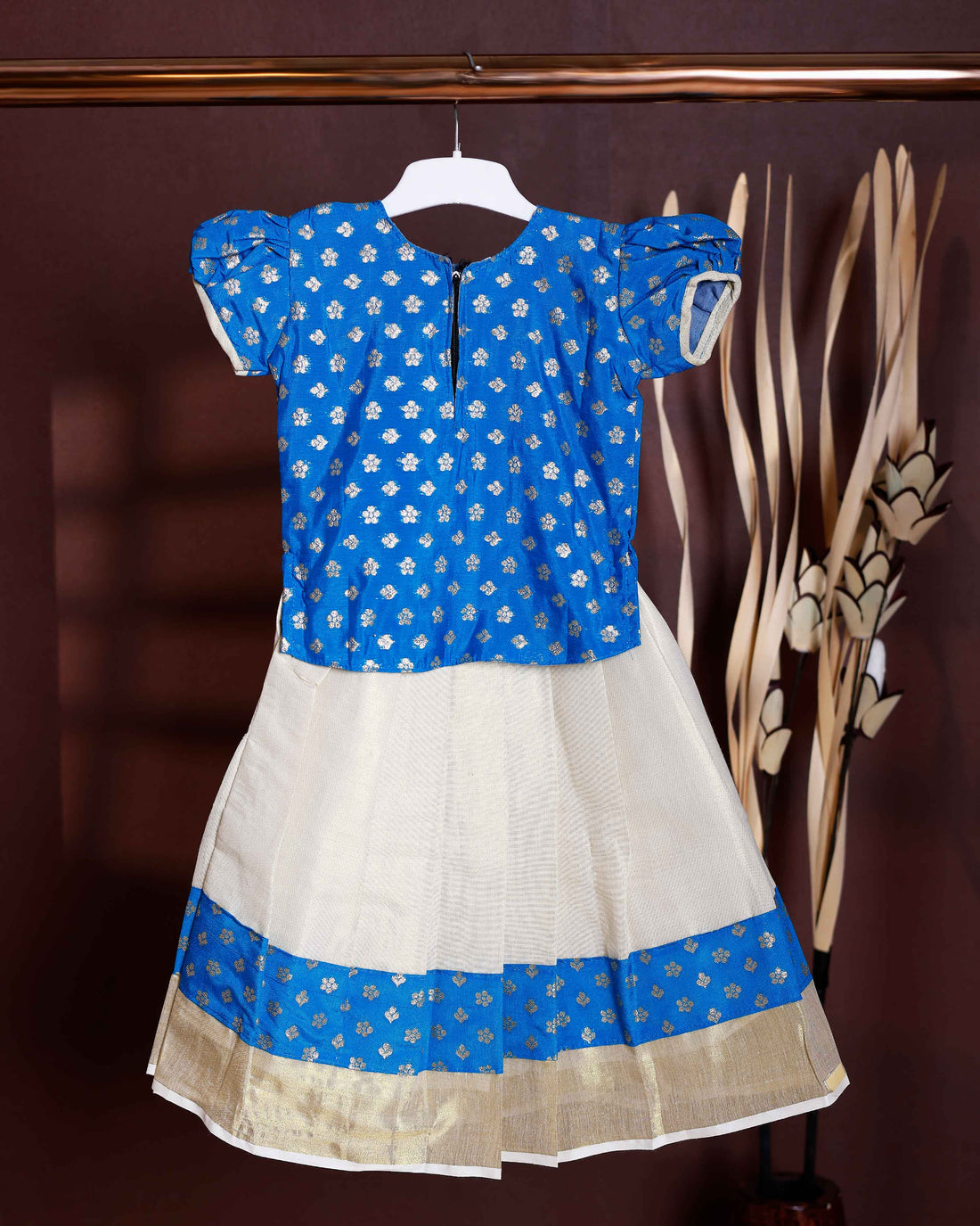 Kids Readymade Pattu Pavadai Set with Traditional Motifs - Blue