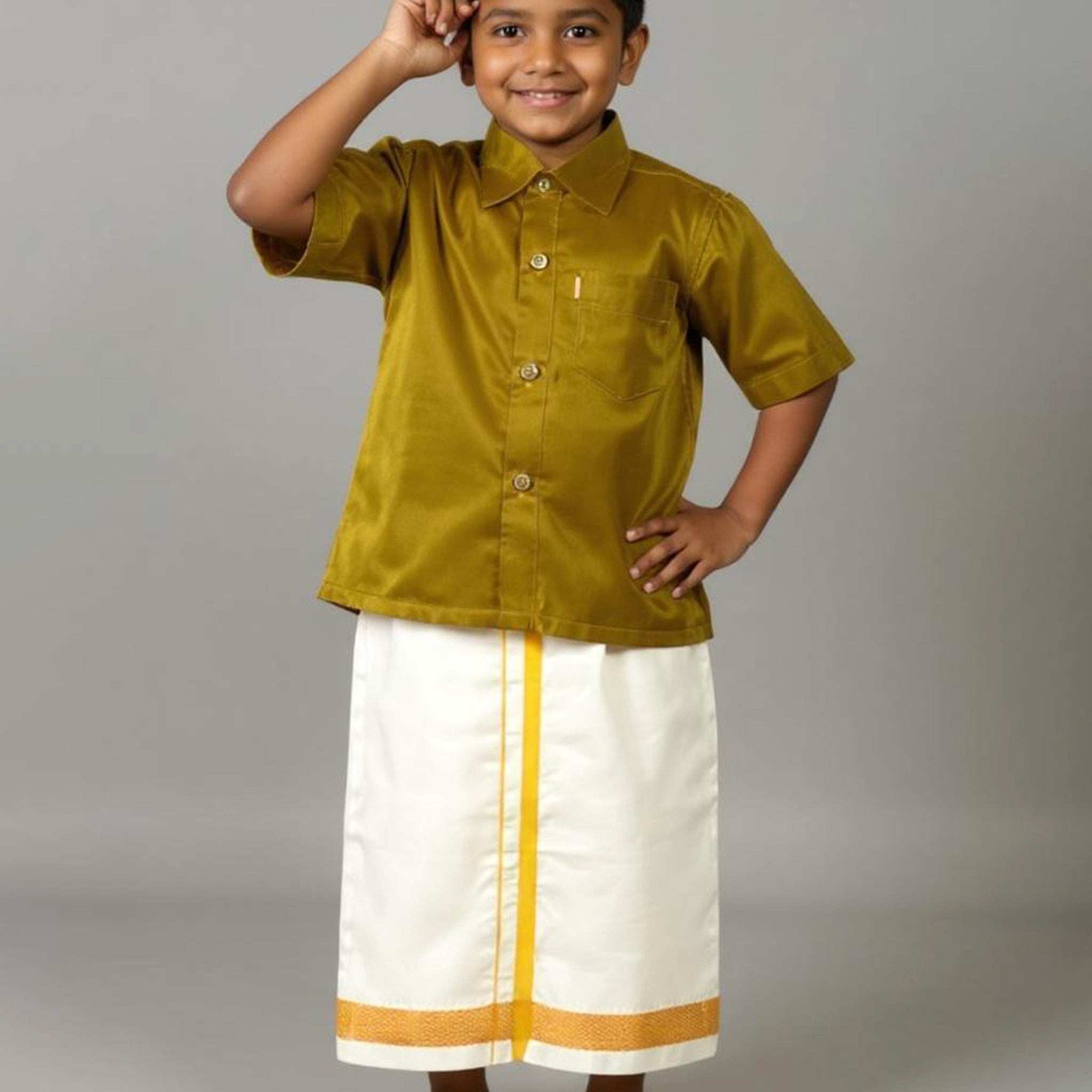 Traditional Kids Shirt and Dhoti Set - Olive Green