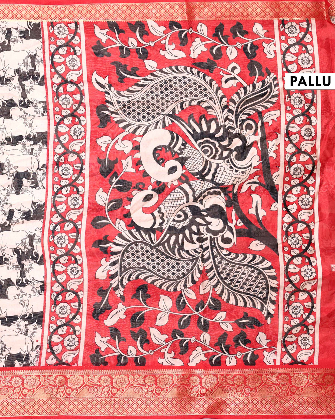 Elegant Semi Chanderi Saree with Traditional Animal Motif Print and Contrasting Zari Woven Border - Black