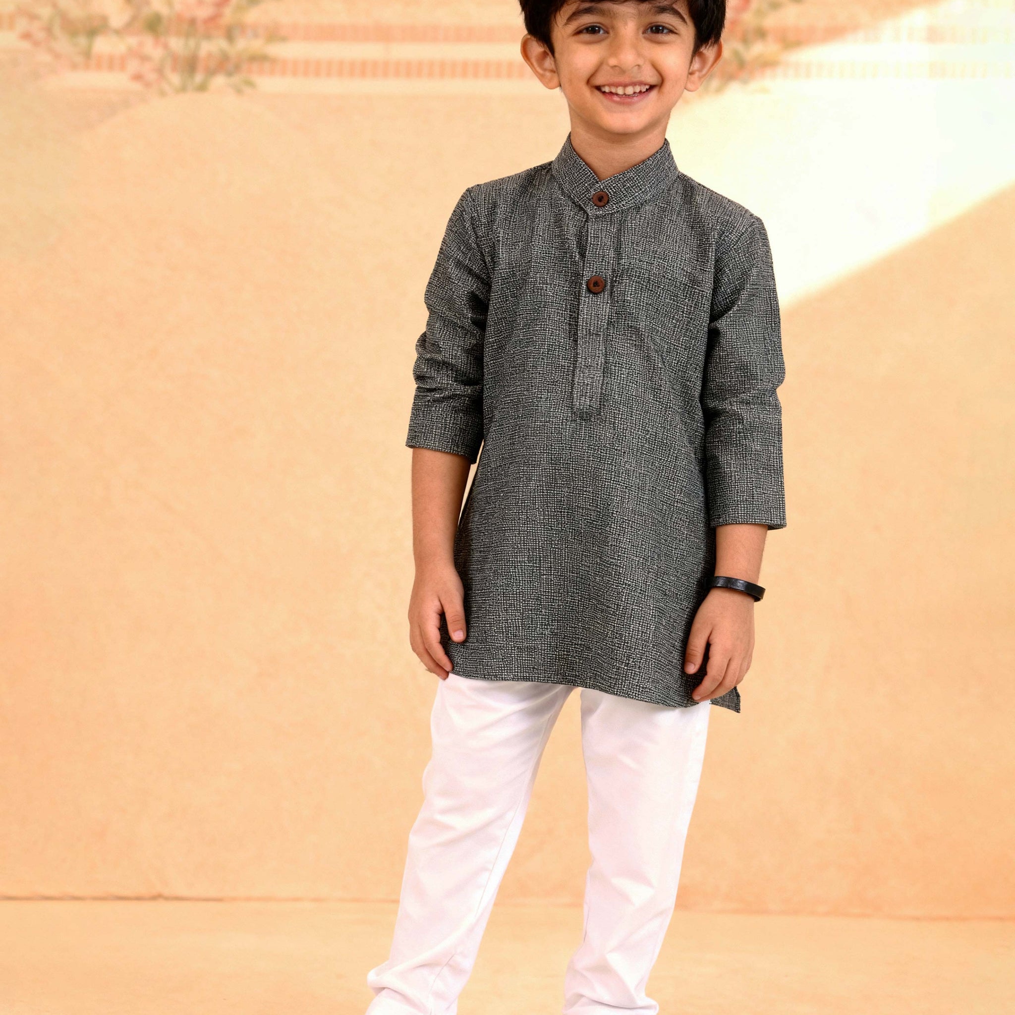 Boys Festive Kurta Set with Mandarin Collar -Dark Grey