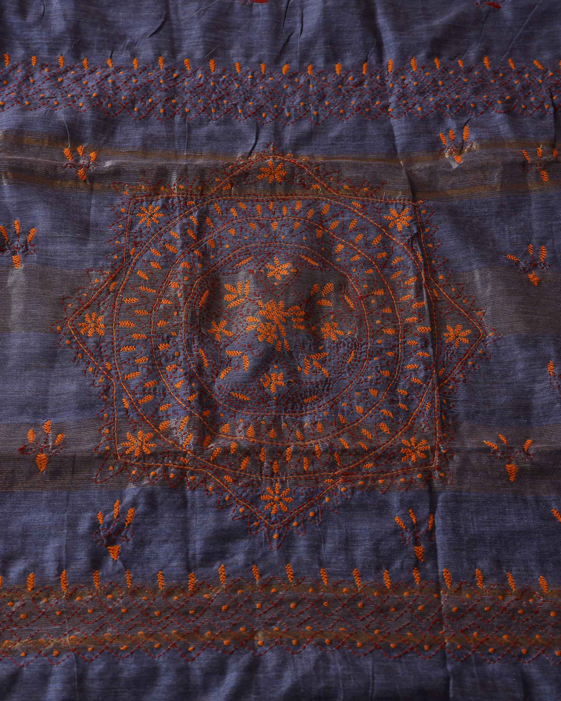 Elegant Kantha Hand Embroidered Saree with Intricate Floral Motif and Contrast Border - Grey