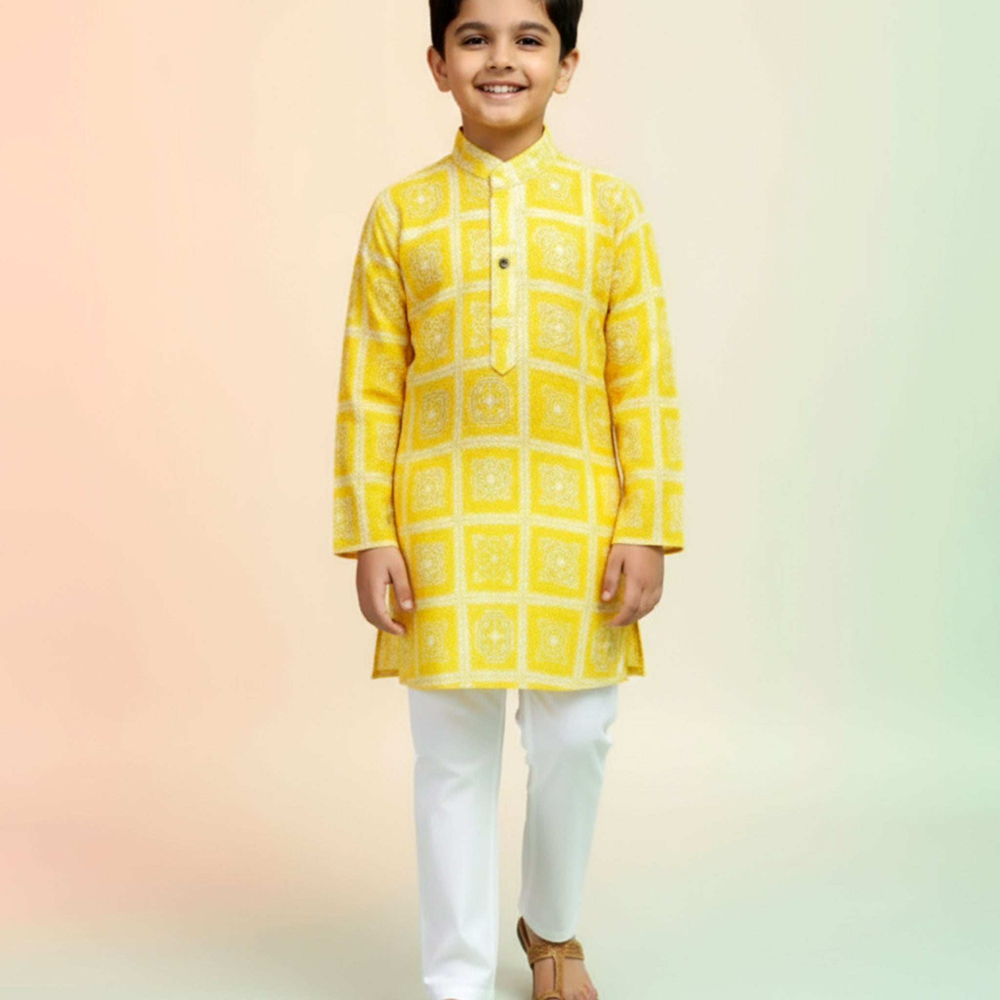 Boys Festive Yellow & Gold Brocade Kurta Set with Traditional Mughal Motif Pattern