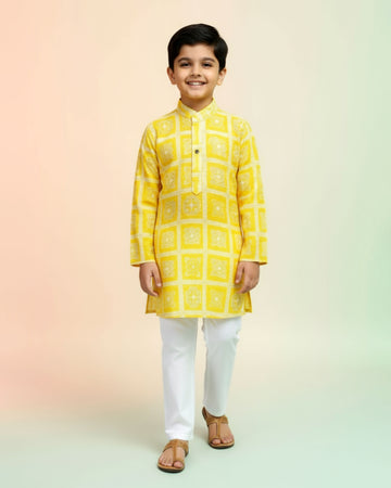 Boys Festive Yellow & Gold Brocade Kurta Set with Traditional Mughal Motif Pattern
