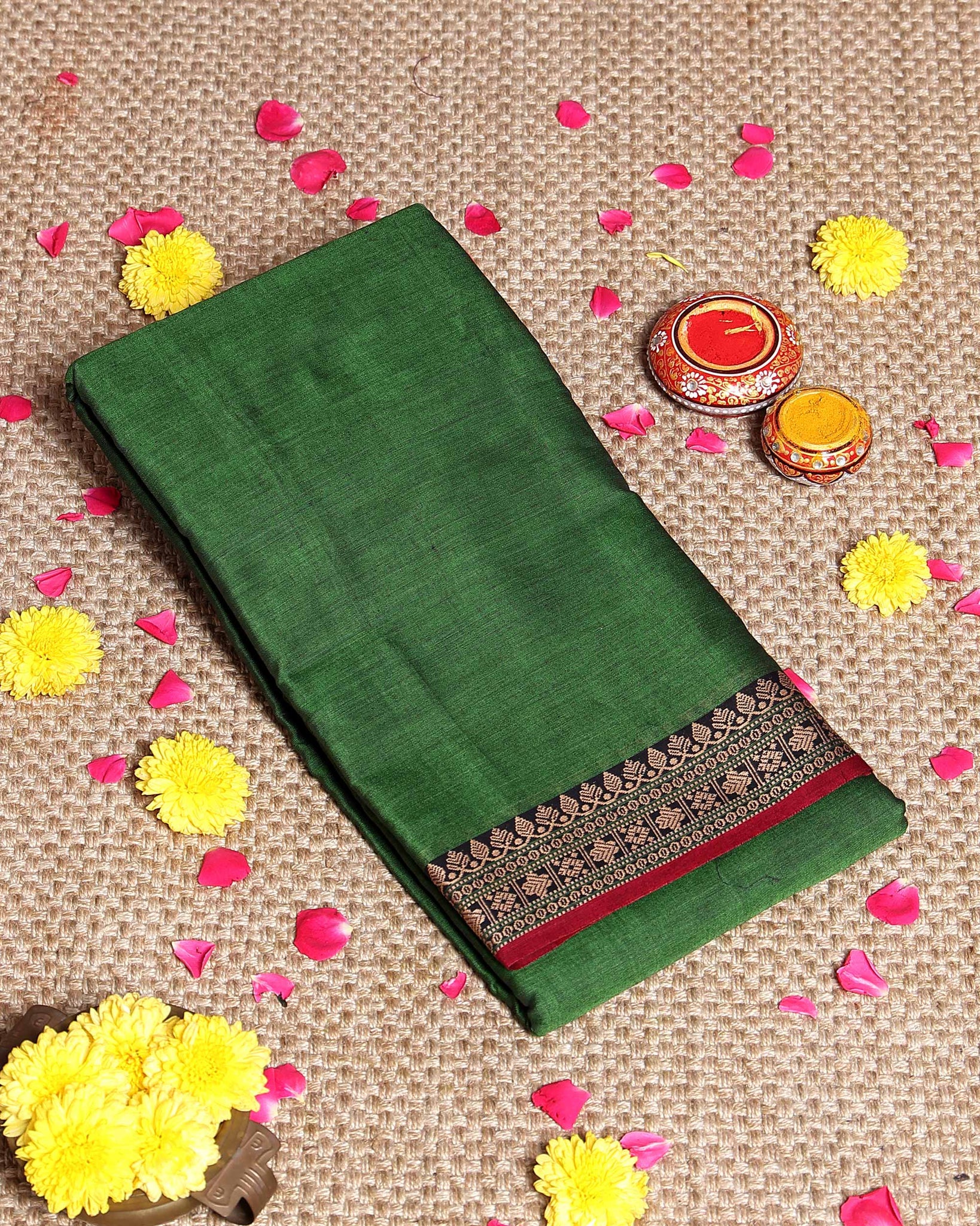Elegant Narayanpet Cotton Saree with Traditional Zari Border & Temple Motif Detailing  - Green