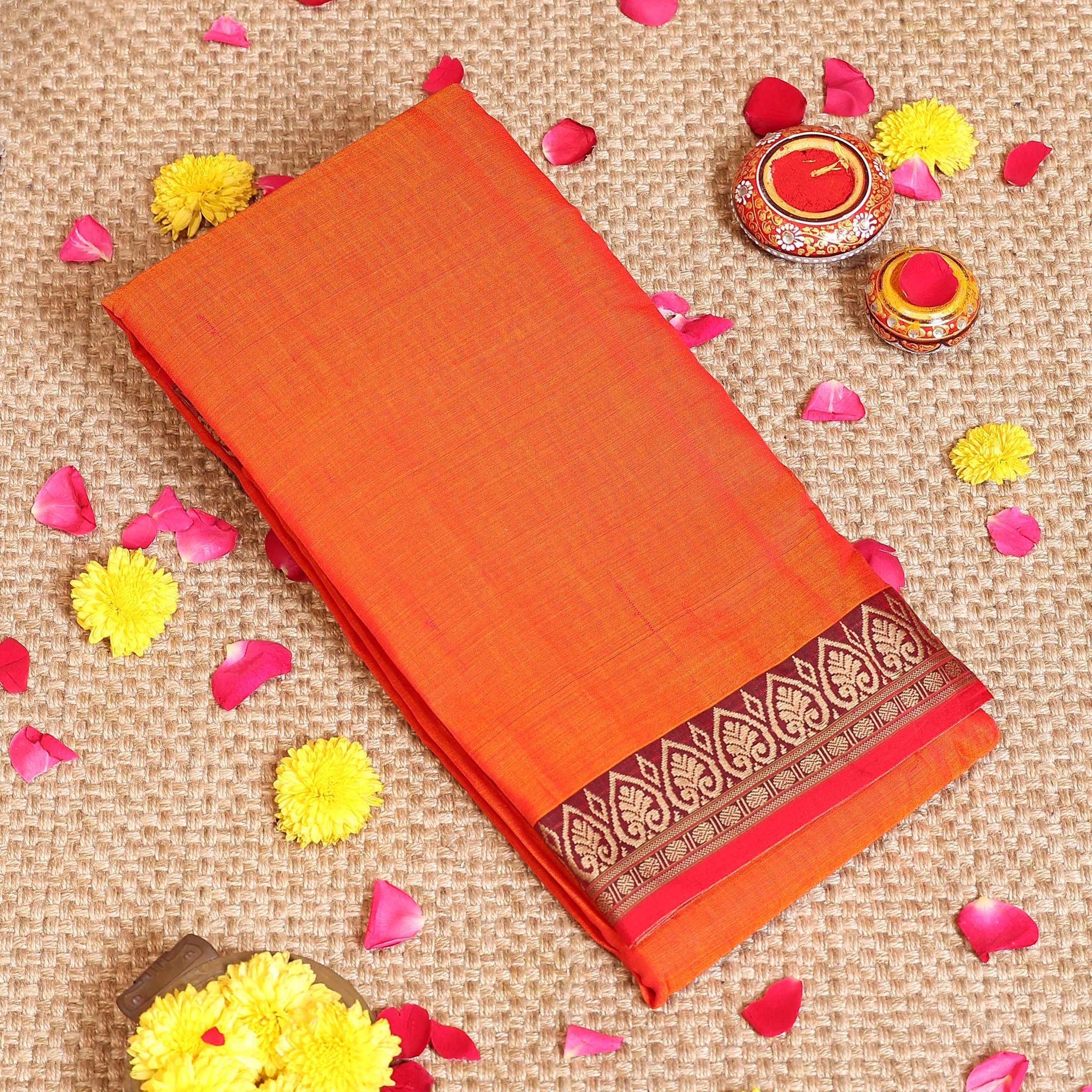 Traditional Handloom Elegance Narayanpet Cotton Saree with Intricate Border Details - Orange
