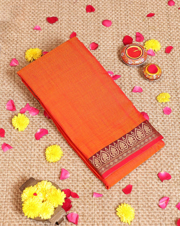Traditional Handloom Elegance Narayanpet Cotton Saree with Intricate Border Details - Orange