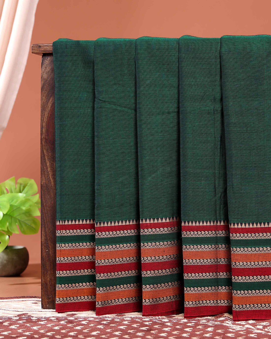 Traditional Narayanpet Cotton Saree Classic Temple Border and Striped Pallu - Green