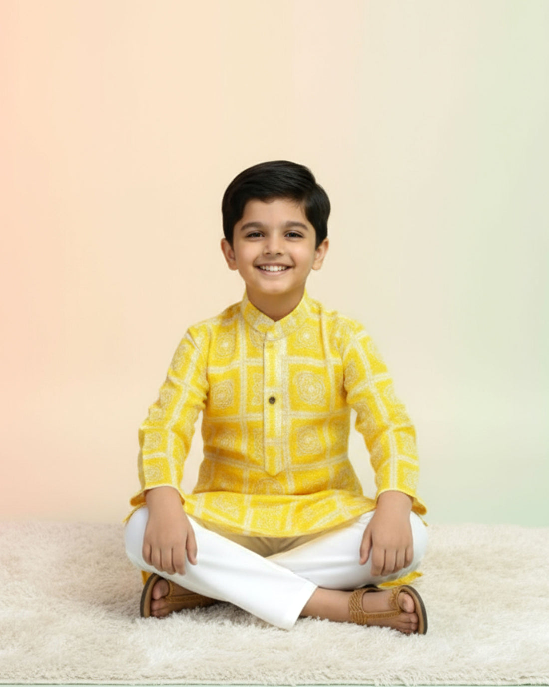 Boys Festive Yellow & Gold Brocade Kurta Set with Traditional Mughal Motif Pattern