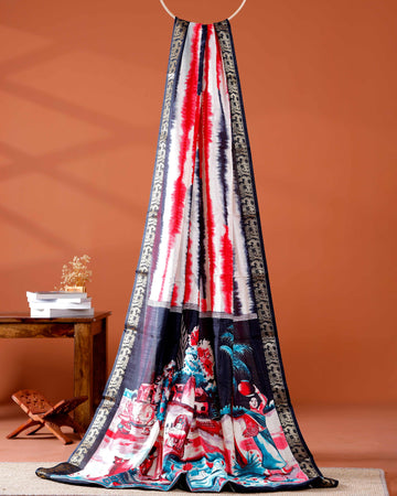 Elegant Red shades and the rural scenic artwork Dola Saree