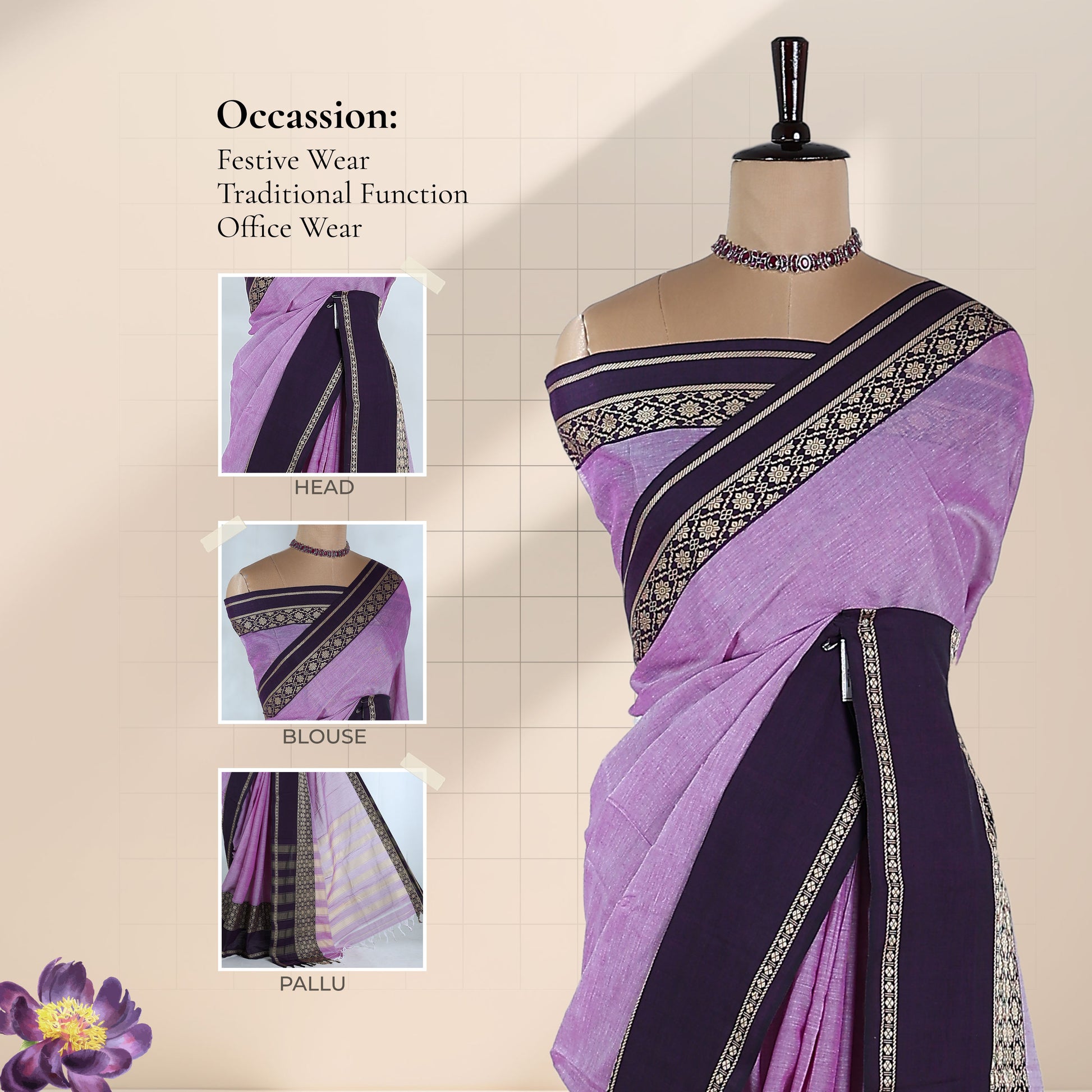 Mangalagiri Cotton Saree With  Dark Purple Zari Border Designer Pallu And Running Blouse Piece For Festive And Office Wear