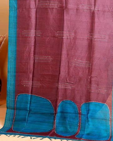 Handcrafted Kantha Cotton Saree with Contrast Patch Design and Intricate Stitch Embroidery - Purple