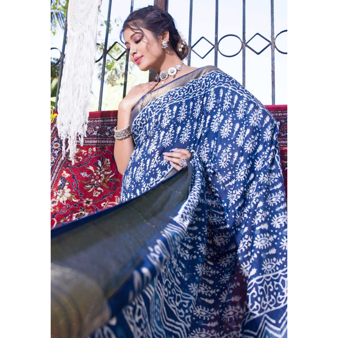 Indigo Blue Colour Printed Chanderi Cotton Saree 7