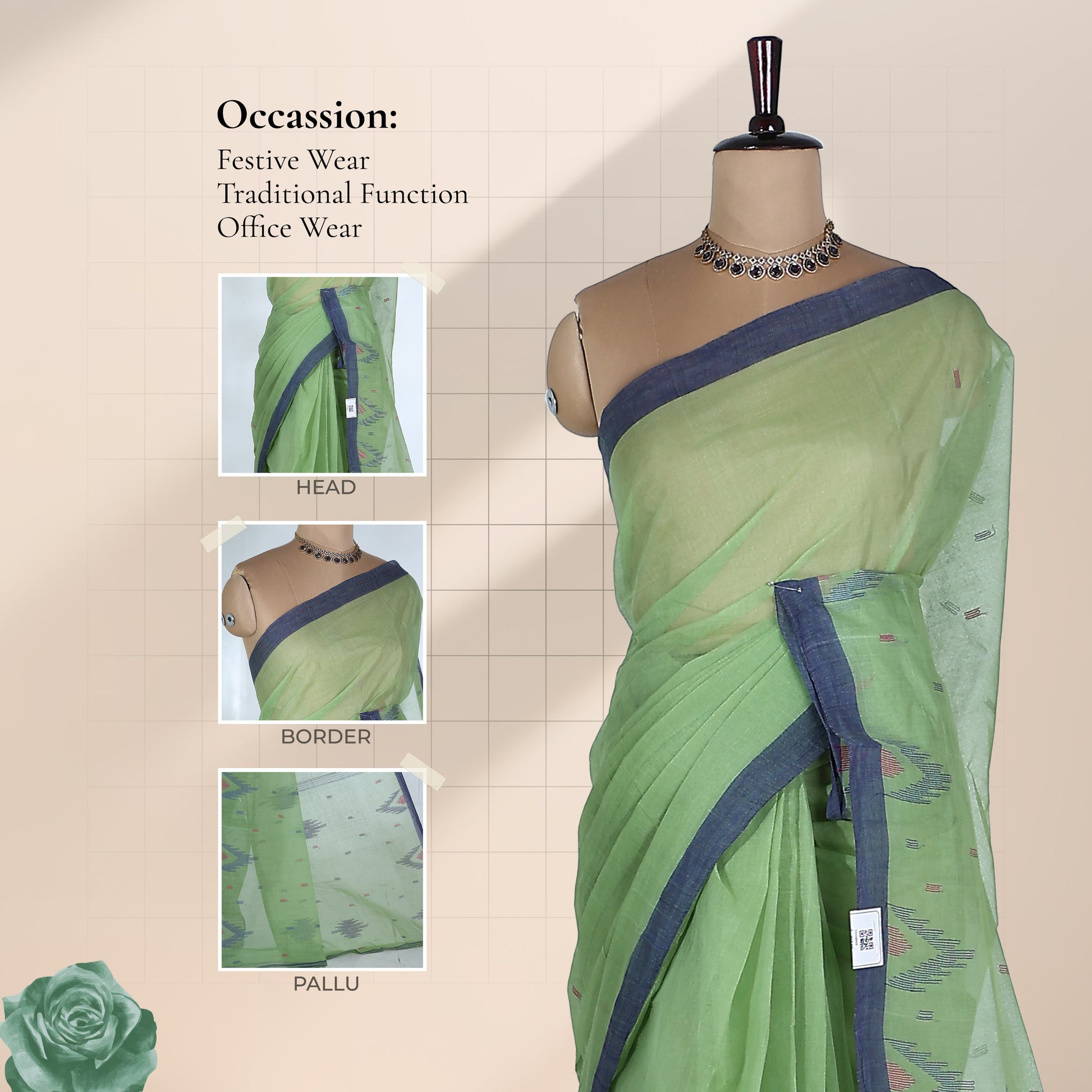 Green Bengal Cotton Saree With Blue Border And Ikat Woven Motifs Front Mannequin View