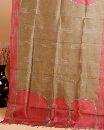 Handcrafted Kantha Cotton Saree with Contrast Patch Design and Intricate Stitch Embroidery - Brown