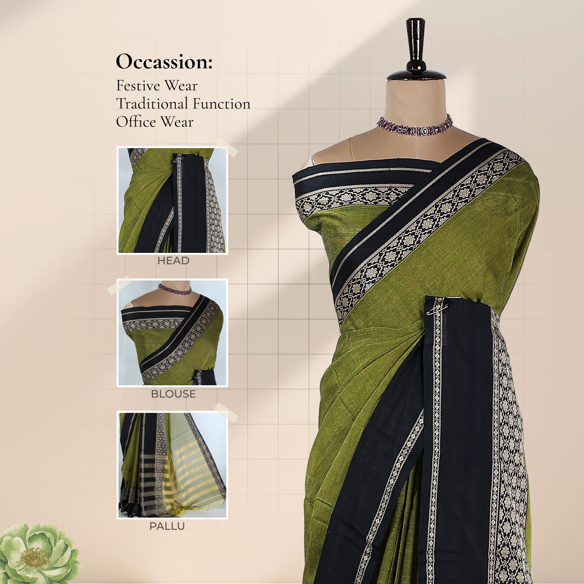 Mangalagiri Cotton Saree With  Black Zari Border Designer Pallu And Running Blouse Piece For Festive And Office Wear
