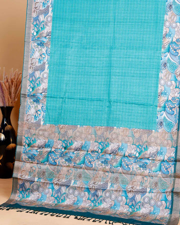 Elegant Semi Tussar Saree with Subtle Checkered Weave and Artistic Floral Patterned Border - Blue