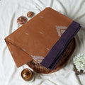 Bengal Cotton Saree With White Woven Butti Motifs And Plain Purple Border In Brown Folded Flat View