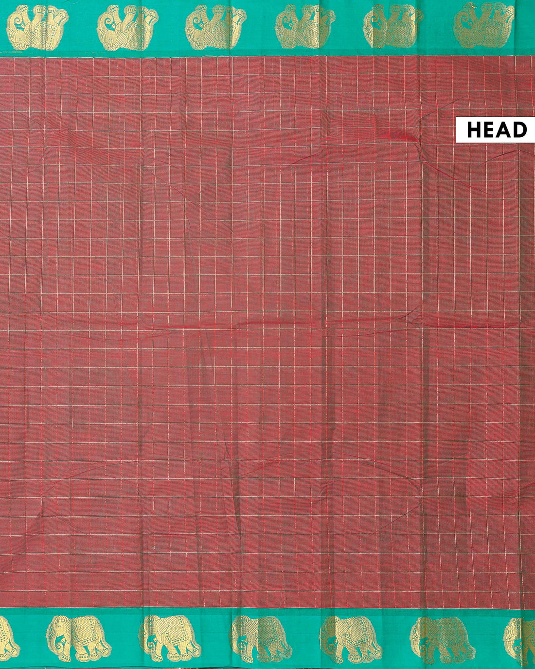 Traditional Handloom Chettinad Cotton Saree with Checks and Elephant Border - Brown