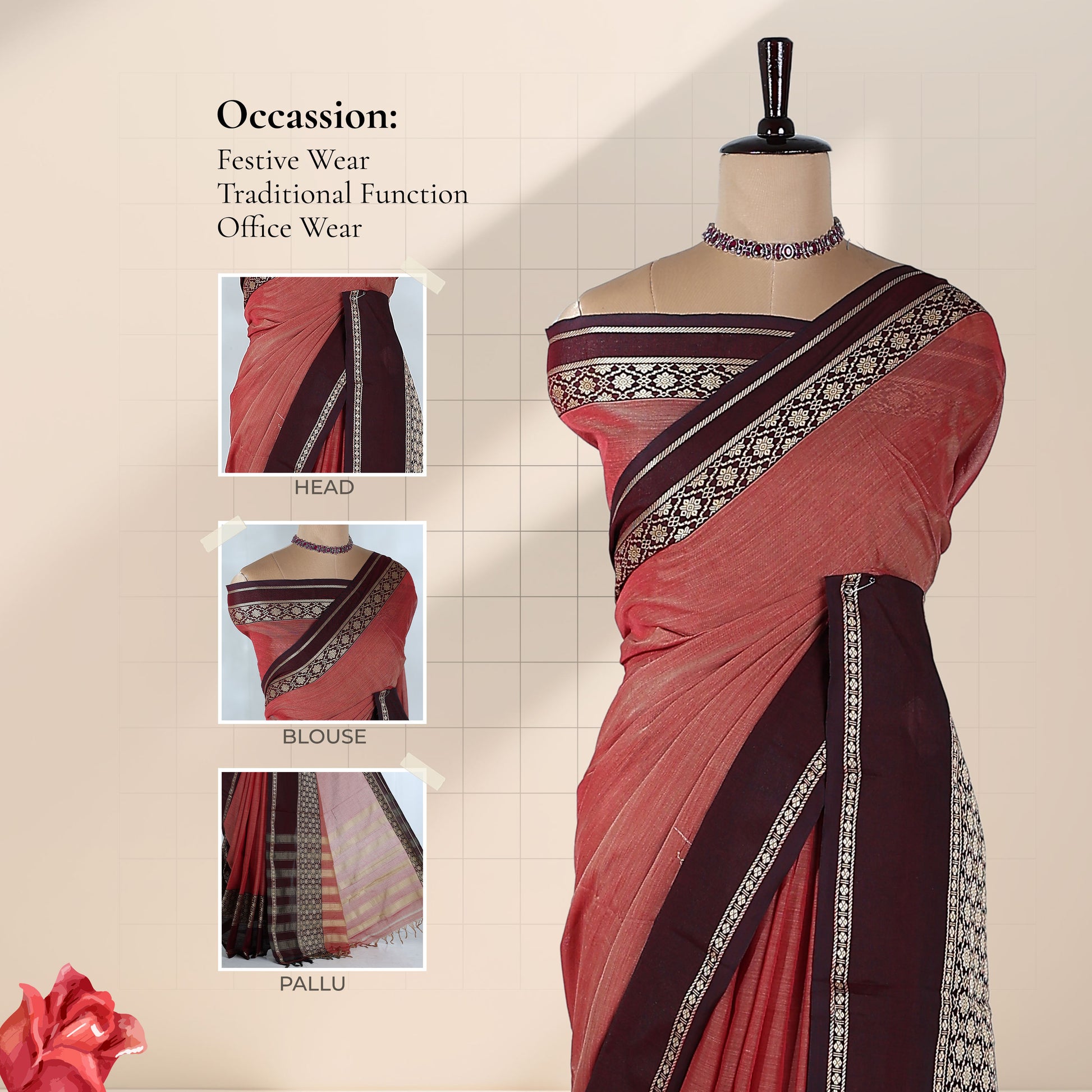 Mangalagiri Cotton Saree With  Maroon Zari Border Designer Pallu And Running Blouse Piece For Festive And Office Wear